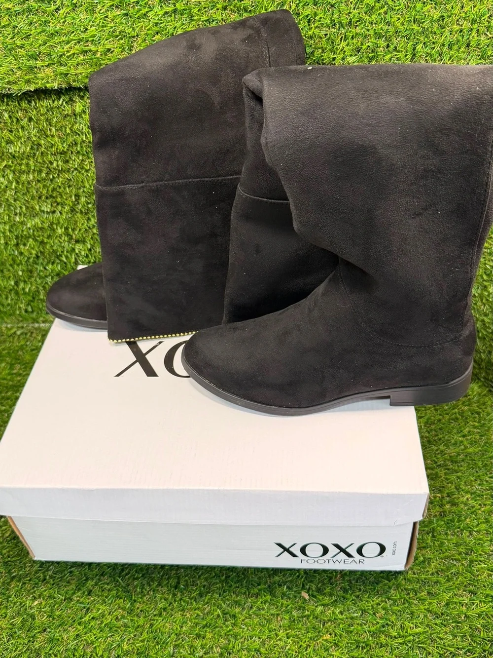 XOXO Tristen Black Over The Knee Boots Faux Suede Beaded Size 6.5 Flat Heel